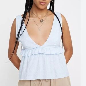 Urban Outfitters  Top Karen Linen Ruffle Baby Doll Blue Summer Romantic Coquette